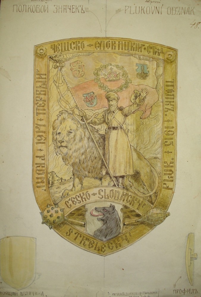 Parolek František: návrh odznaku 1. střeleckého pluku čs. legií v Rusku; 1916