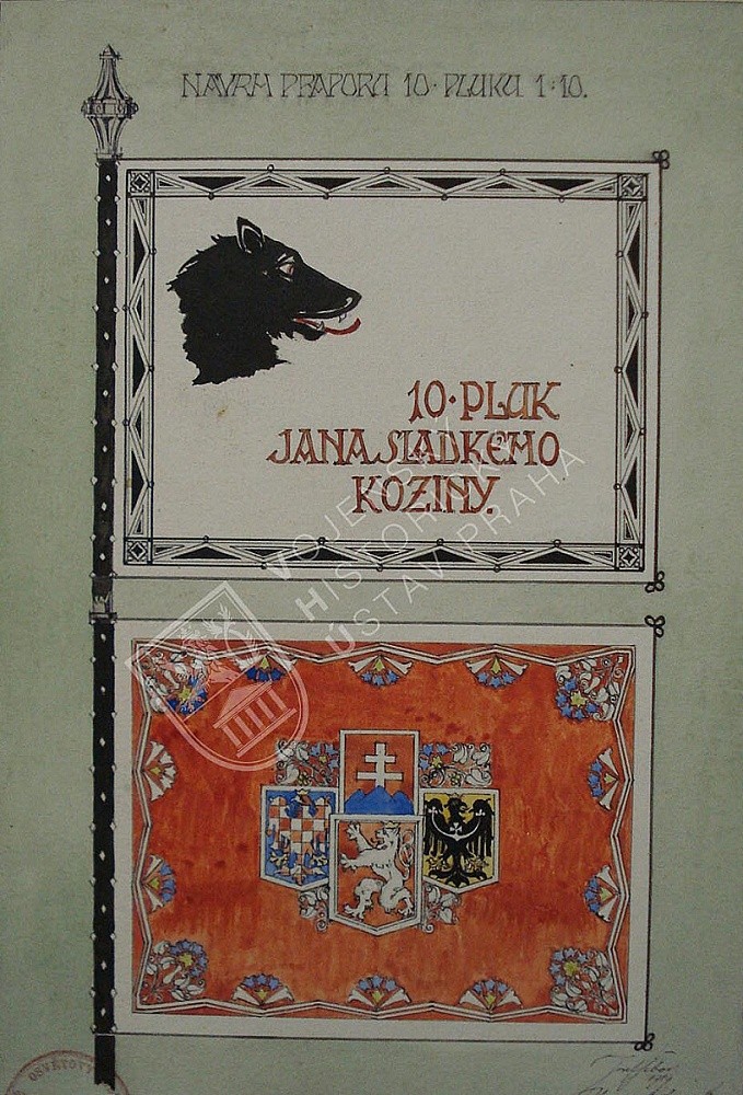 Šebor Josef: návrh praporu 10. střeleckého pluku Jana Sladkého Koziny; 1919
