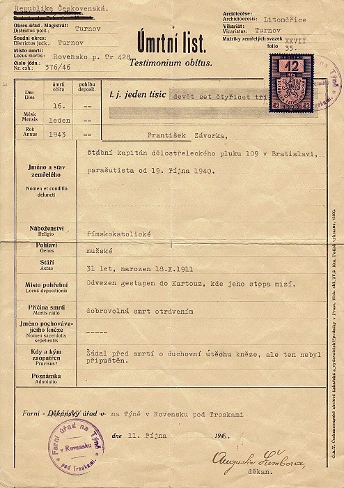 Úmrtní list škpt. in memoriam Františka Závorky, velitele paraskupiny ANTIMONY