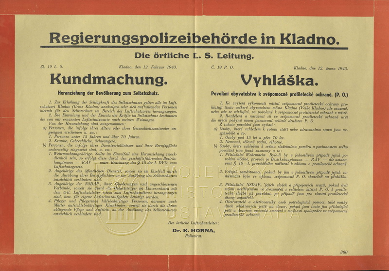 Vyhláška o povolání obyvatelstva Kladna k svépomocné protiletecké ochraně
