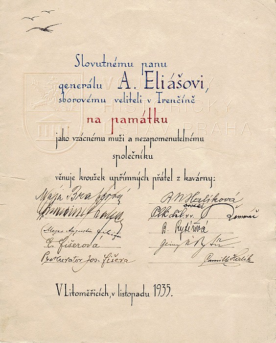 Památeční list gen. Aloise Eliáše