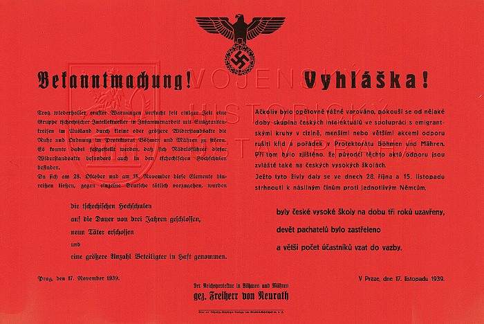 Vyhláška ze 17. listopadu 1939 o uzavření českých vysokých škol a popravě studentů