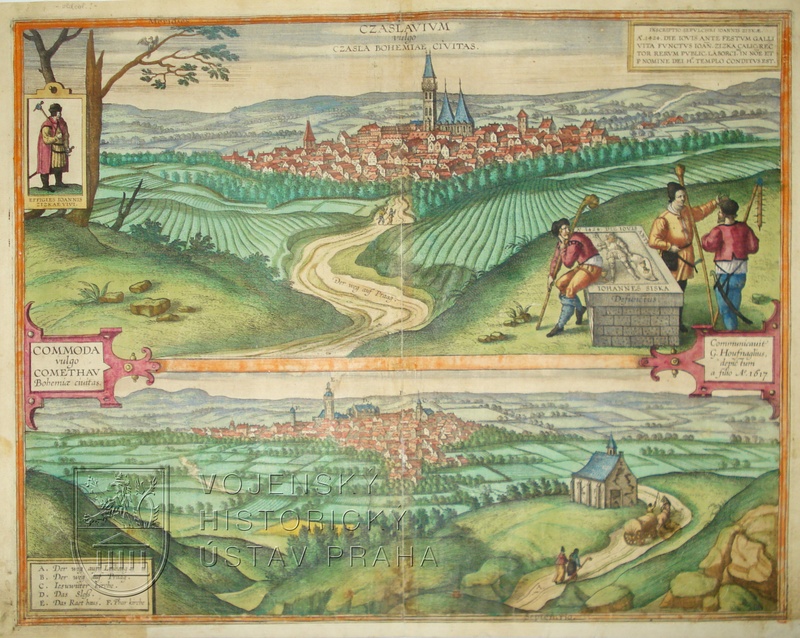 Johann Hufnagel, Dvojveduta Čáslavi a Chomutova s vyobrazením náhrobku Jana Žižky z Trocnova, Čechy, 1617