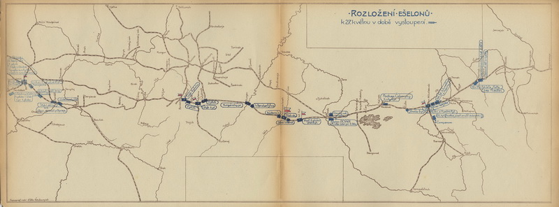 Rozložení železničních transportů (ešelonů) Československého sboru ke dni 27. května 1918, kdy se sovětská moc pokusila sbor odzbrojit. Foto sbírka VHÚ.