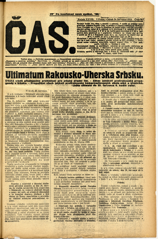 Následujícího dne, 24. července, zaplnily titulní listy novin zprávy o ultimátu, které Rakousko-Uhersko předložilo Srbsku. Foto sbírka VHÚ.