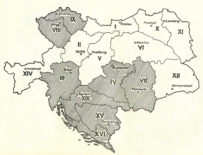 Schematická mapa rozdělení vojenských územních obvodů (sborů) v rámci habsburské monarchie. Sbory, na něž se vztahovala částečná mobilizace, označuje šrafování. V hranicích současné České republiky se týkala pouze pražského VIII. sboru a litoměřického IX. sboru. Foto sbírka VHÚ.