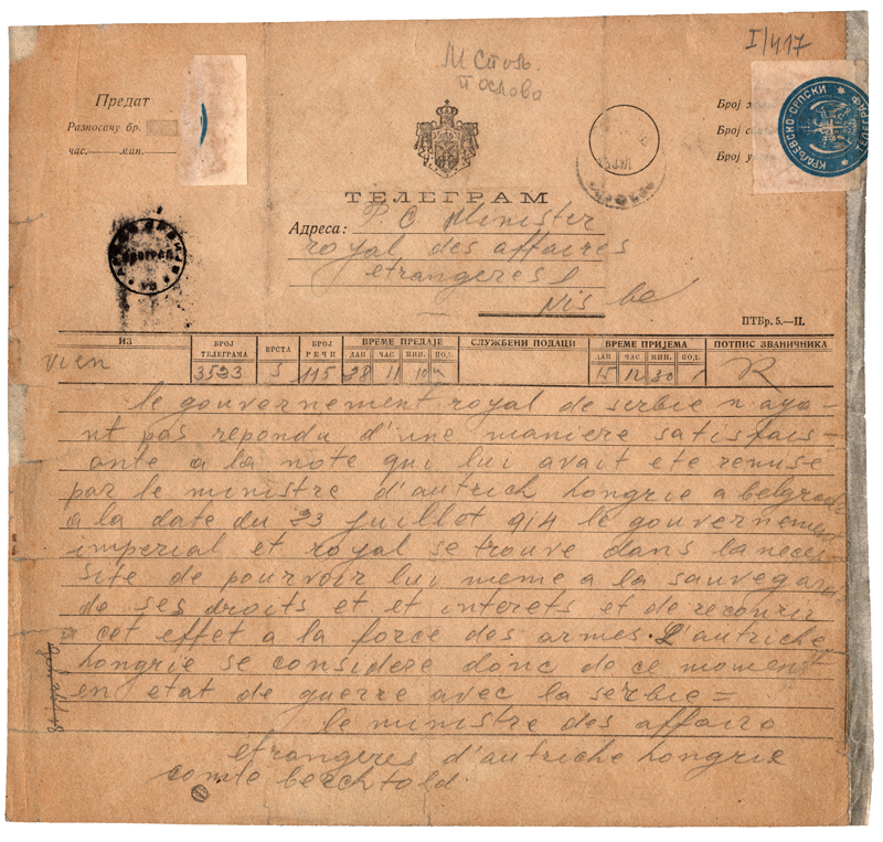 Originální telegram, jímž habsburská monarchie vyhlásila 28. července 1914 v 11.10 hodin Srbsku válku. Foto sbírka VHÚ.