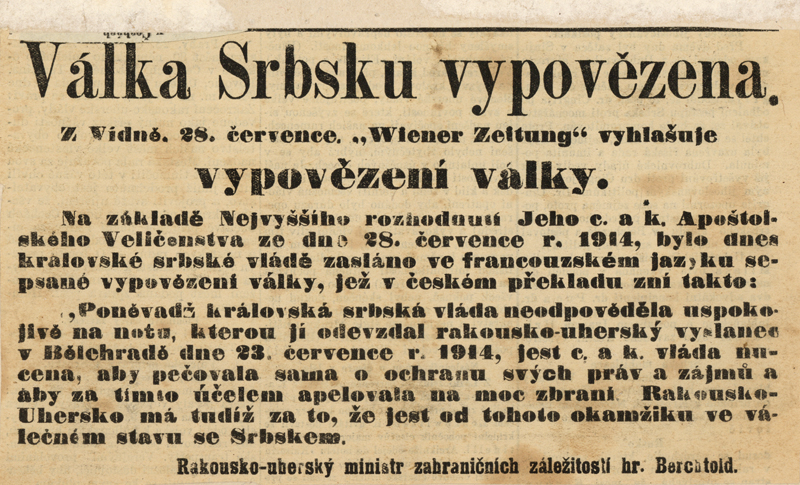 Vyhlášení války Srbsku potvrdila zpráva v úředním listu Wiener Zeitung, kterou vzápětí otiskly noviny v celé habsburské monarchii. Foto sbírka VHÚ.