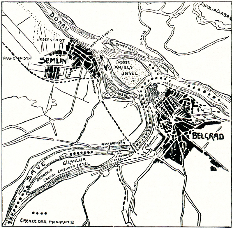 Situační plán oblasti kolem soutoku řek Sávy a Dunaje, kde zazněly první výstřely války z děl rakousko-uherských říčních monitorů. Trvalo ještě čtrnáct dní, než vojsko habsburské monarchie zahájilo 12. srpna 1914 vpád do Srbska. Foto sbírka VHÚ.