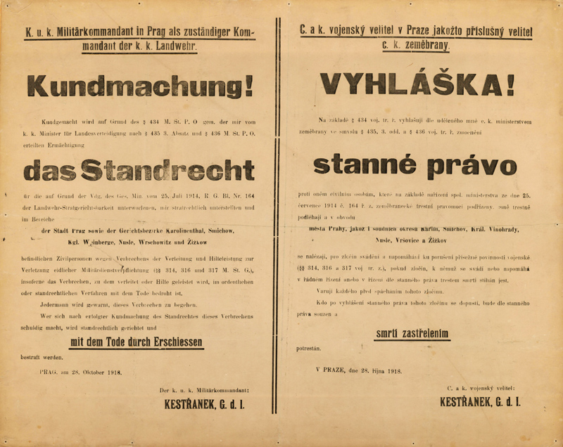 Vyhláška o stanném právu nad Prahou a okolím nikdy neopustila tiskárnu Kestřankova Vojenského velitelství, dochovala se pouze v podobě kartáčového otisku. Foto sbírka VHÚ.