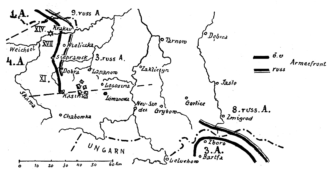 Schématický plán postavení ruských a rakousko-uherských armád k 28. listopadu 1914 v prostoru mezi Krakovem a karpatskými hřebeny severně od Bardějova. Foto sbírka VHÚ.