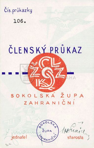 Členský průkaz Československé obce sokolské župy zahraniční