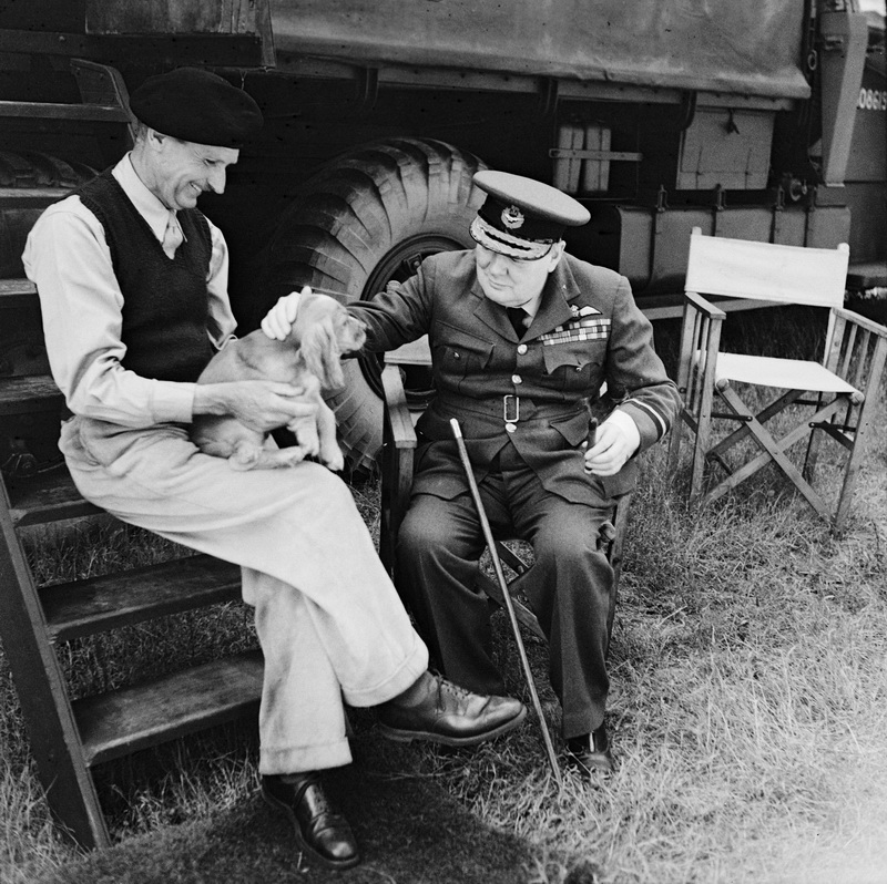 Winston Churchill a generál Bernard Montgomery se svým psem,1944. 
Foto: © IWM
