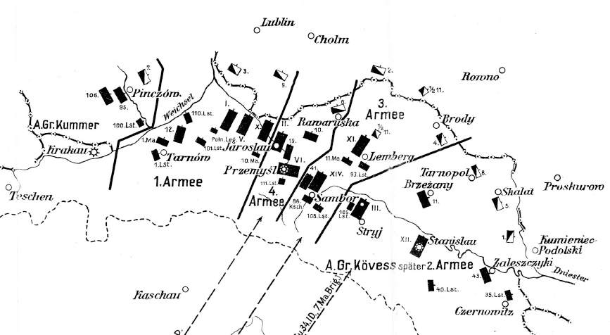 Nástupové prostory rakousko-uherského vojska na severovýchodním válčišti na počátku tažení proti Rusku. Dobře patrné je soustředění armád na obranné linii řek Sanu a Dněstru, odkud vyrážely do útoku. V Přemyšlu, v hlavním opěrném postavení této linie, se zpočátku usídlilo rakousko-uherské Armádní vrchní velitelství.    