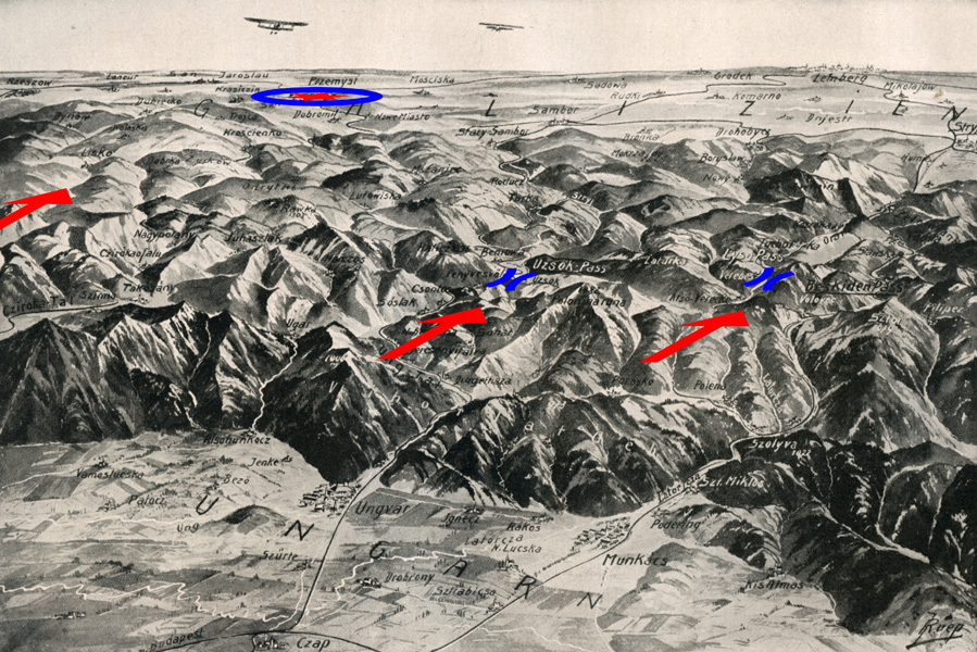 Pohledová mapa karpatského hřebene východně od Lupkovského průsmyku s vyznačenými  směry útoku rakousko-uherských a německých jednotek během první ofenzívy zahájené 23. ledna 1915. 