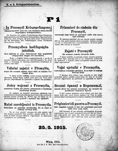 Od kapitulace pevnosti trvalo dva měsíce, než vyšly první seznamy válečných zajatců z Přemyšlu. C. a k. Ministerstvo války je bez ověřování vydalo tak, jak je obdrželo od ruského Červeného kříže. 
