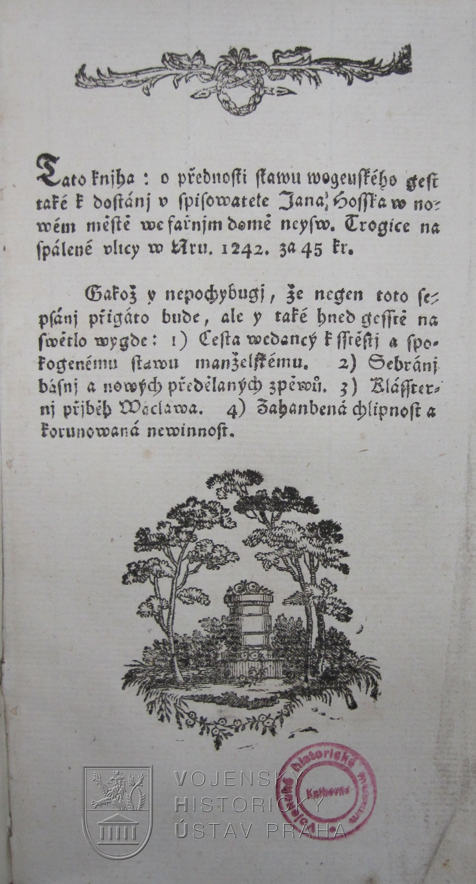 Poslední strana tisku ozdobená vlysem a vinětou, která obsahuje seznam dalších plánovaných knih Jana Hoška.