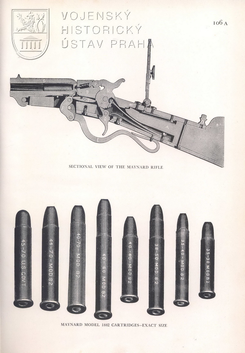 Nahoře: řez částí pušky Maynard.
Dole: náboje Maynard vzor 1882, skutečná velikost.
