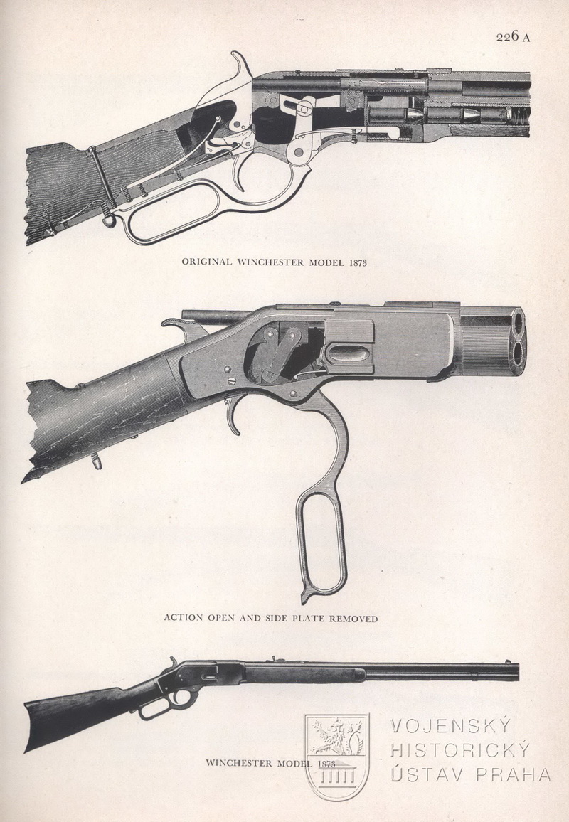 Nahoře: řez mechanismem pušky Winchester 1873.
Uprostřed: spoušťový mechanismus. Dole: Winchester 1873 – celkový pohled.
