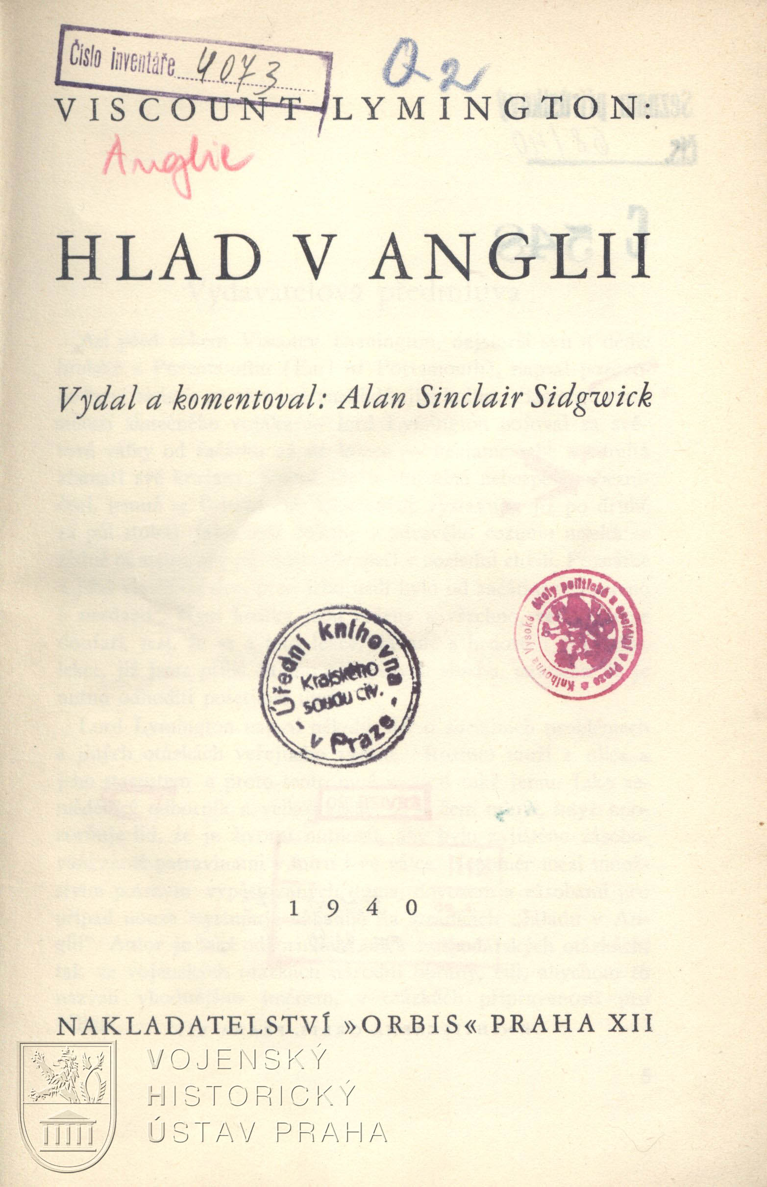 Titulní list s razítky předchozích majitelů (knihovny Krajského soudu v Praze a Vysoké školy politické a sociální).