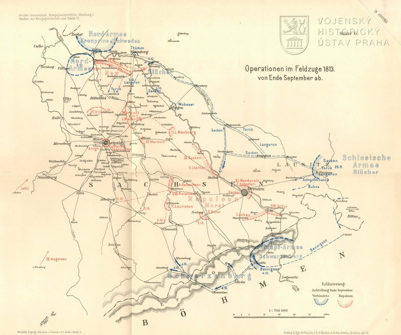 Rozkládací mapa zobrazující rozložení armád na konci srpna 1813.