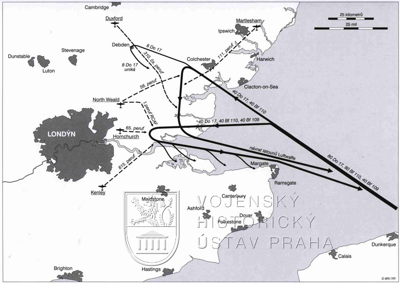 Schéma prvního boje 310. peruti 26. srpna 1940.
Repro z knihy Jiří Rajlich: Na nebi hrdého Albionu. 1. část - 1940. Ares, Praha 1999
