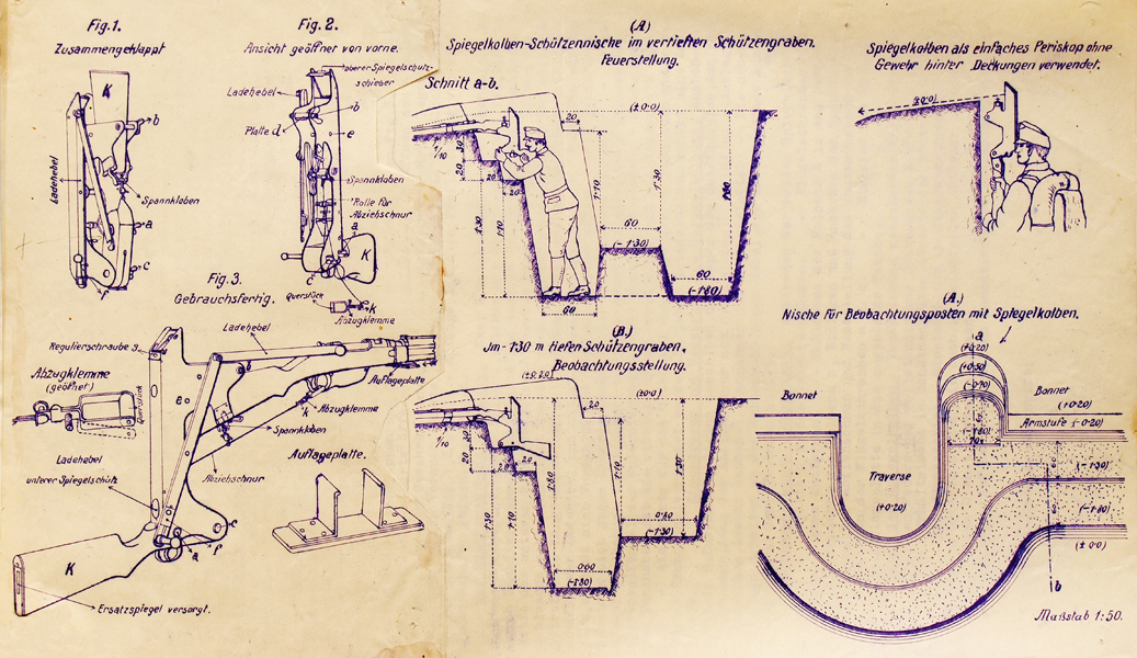 Rakousko-uherské instruktážní podklady k použití skládacího periskopického nástavce na pušku. Ten umožňoval bezpečné pozorování i mířenou střelbu z bezpečí zákopu.