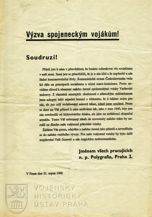 Protisovětský leták ze srpna 1968