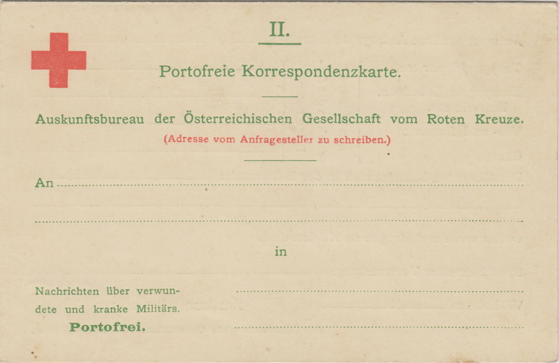 Korespondenční lístek Rakouského Červeného kříže, označení bezplatného zasílání je uvedeno přímo v názvu. 