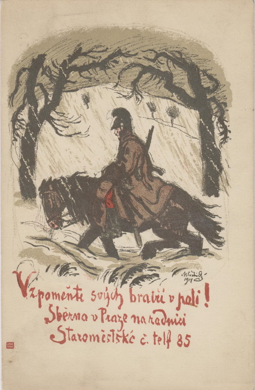 Vzpomeňte svých bratří v poli. Pohlednice s reprodukcí kresby Maxe Švabinského z roku 1914.