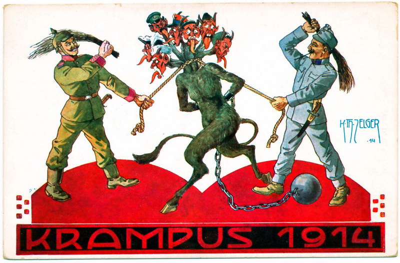 Krampus 1914. Vojáci Ústředních mocností vyplácejí mikulášskou nadílku čertům s hlavami zemí Dohody. Reprodukce podle K. H. Zelgera. 
