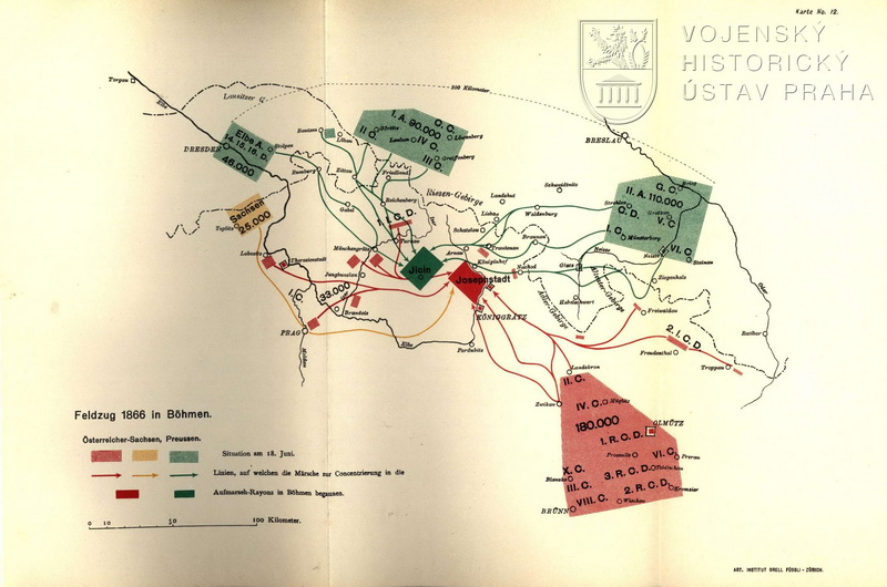 Plánek rozmístění pruských a rakouských vojsk 18. června 1866 a předpokládaná místa jejich soustředění před rozhodujícím střetem.