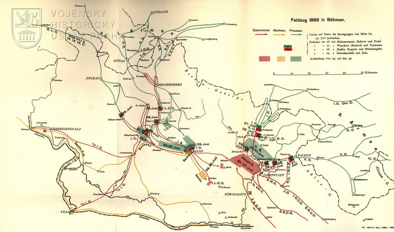 Přehledná mapka tažení pruských armád v Čechách roku 1866 až k bitvě u Hradce Králové.