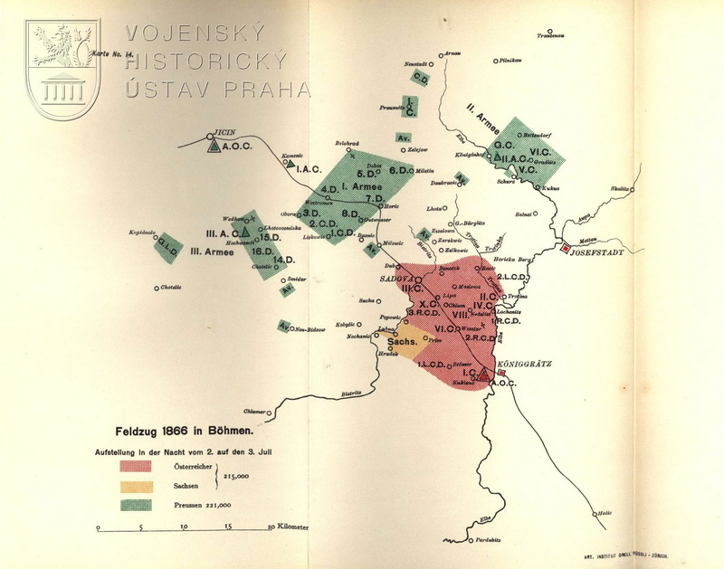 Postavení pruských a rakouských vojsk v noci z 2. na 3. července 1866.