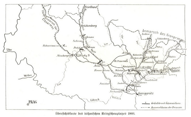 Mapa pruského tažení v Čechách až k bitvě u Hradce Králové