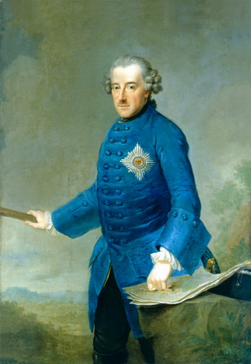 Pruský král Friedrich II, řečený Veliký, na portrétu z roku 1763.