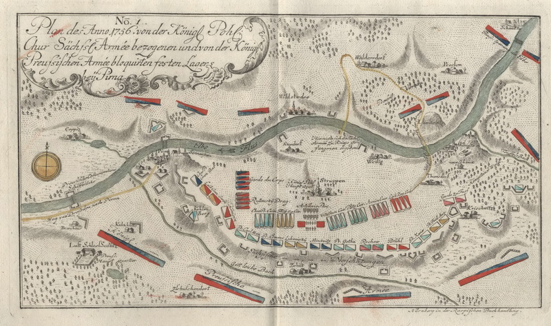 Plánek obleženého saského opevněného tábora u Pirny roku 1756.