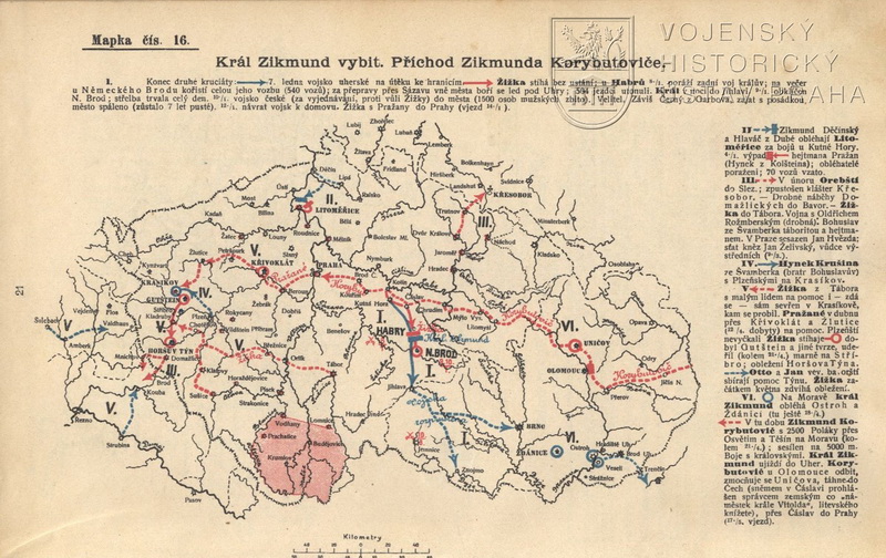 Mapa znázorňující závěrečnou fázi druhé křížové výpravy a příchod Zikmunda Korybutoviče do Čech.