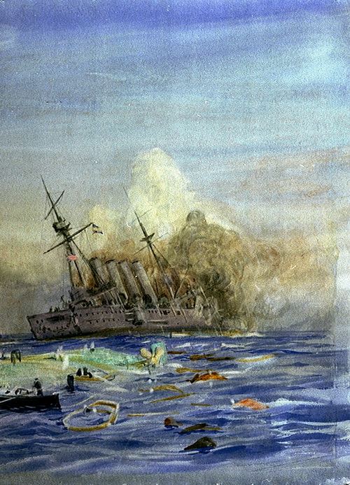 William Lionel Wyllie: Zkáza křižníků HMS Aboukir, Hogue a Cressy, akvarel, 1915. Takto ztvárnil anglický malíř potopení tří britských lodí, jež 22. září 1914 nedaleko od nizozemského pobřeží poslala během pouhé hodiny ke dnu torpéda německé ponorky U-9, které velel kapitán-poručík Otto Weddigen. Část dřevěného ostění z nebohého obrněného křižníku HMS Cressy je vystavena v historických loděnicích v Chathamu.
FOTO: National Maritime Museum, Greenwich, London, Caird Collection
