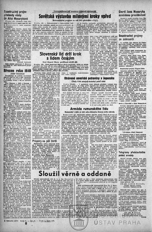 Další text týkající se Masarykovy osoby ve vydání Obrany lidu z 10. 3. 1948.