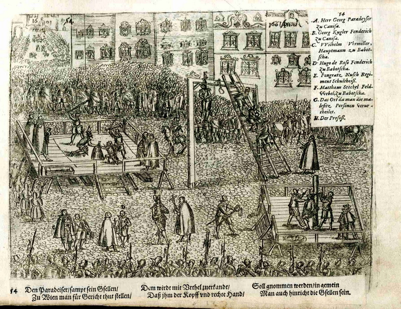 Poprava Georga svobodného pána Paradeisera za zradu při obléhání pevnosti Velká Kaniža roku 1601.