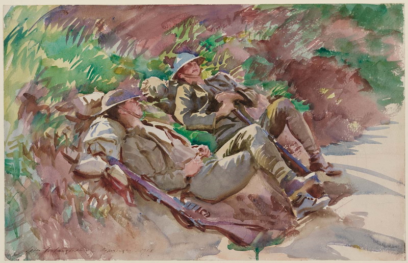 John Singer Sargent: Poperinghe: Dva vojáci; akvarel na papíře, 1918. Vznikl pravděpodobně podle fotografie, na níž byli zachyceni dva vojáci ležící v kupce sena a kterou mu spolu s řadou válečných snímků věnovalo Ministerstvo informací před malířovým odjezdem do Francie v roce 1918. 
FOTO: Museum of Fine Arts, Boston

