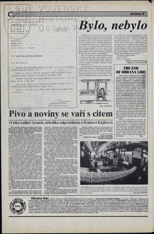 Druhá strana č. 12 s kopií rozhodnutí tehdejšího ministra obrany ČR Antonína Baudyše o zastavení vydávání Obrany lidu.  