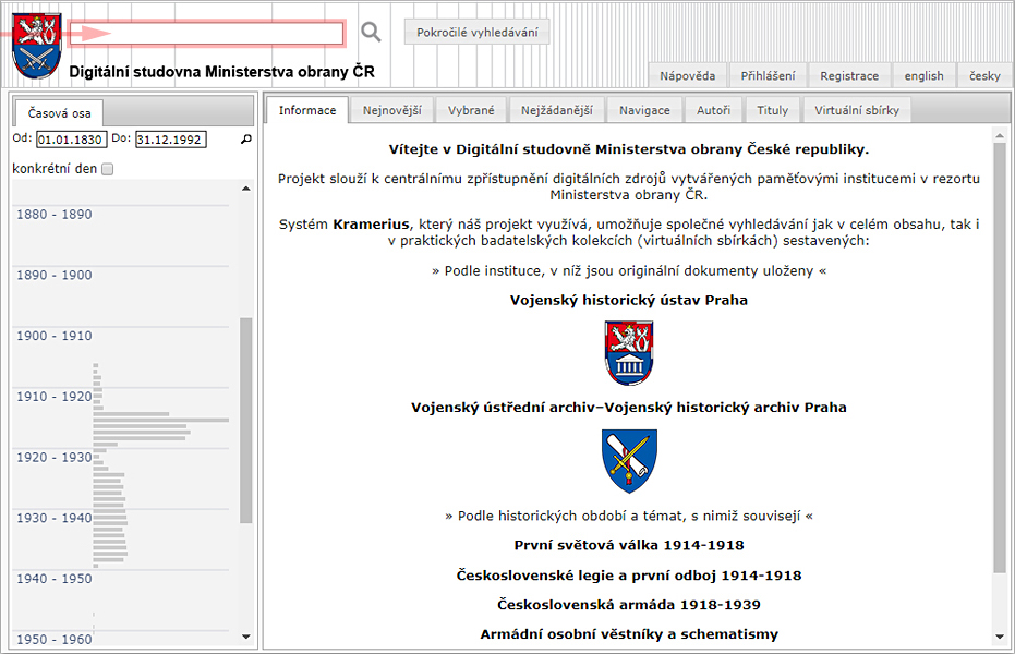 Domovská stránka Digitální studovny Ministerstva obrany ČR se zvýrazněným vyhledávacím polem
FOTO: VHÚ Praha
