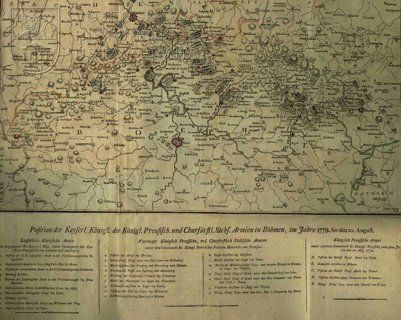 Přehledová mapa českého bojiště na počátku války v létě 1778.