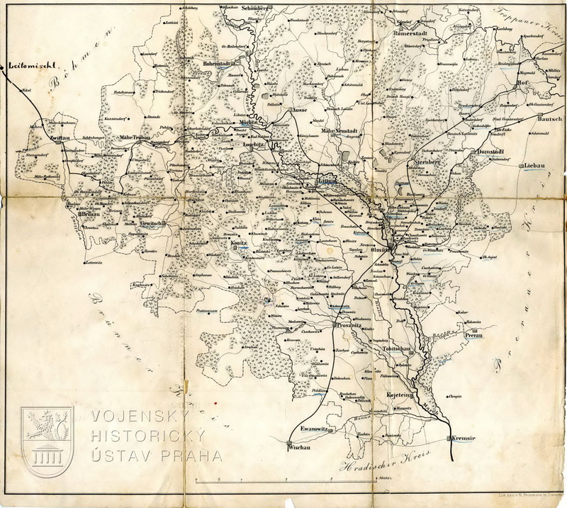 Mapa Olomouckého kraje, hlavního bojiště moravského tažení roku 1758.