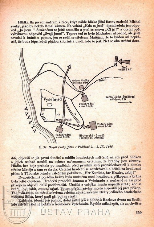 Schéma dobytí Prahy Jiřím z Poděbrad roku 1448.