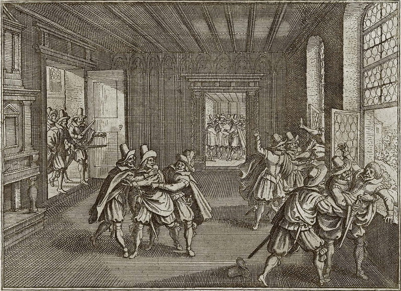 Pražská defenestrace 23. května 1618 na rytině v dobové „evropské kronice“ Theatrum Europaeum.