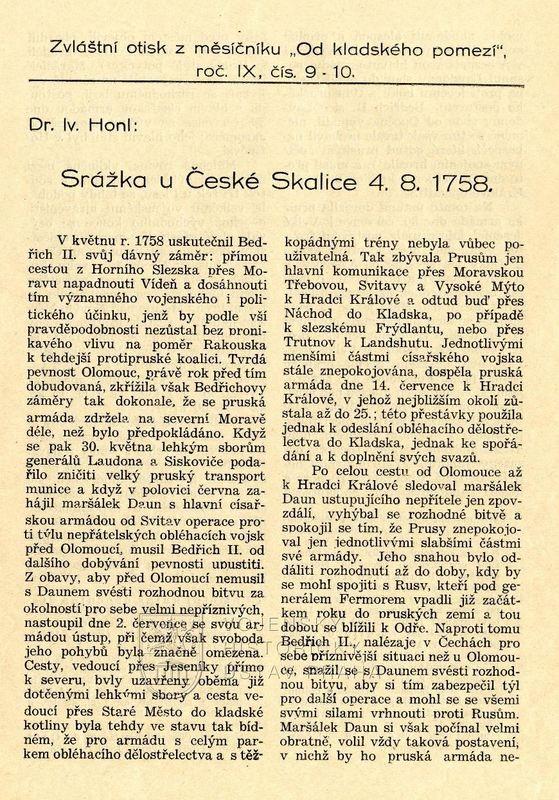 HONL, Ivan. Srážka u České Skalice 4. 8. 1758