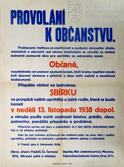 Vyhláška o sbírce ve prospěch uprchlíků, 1938